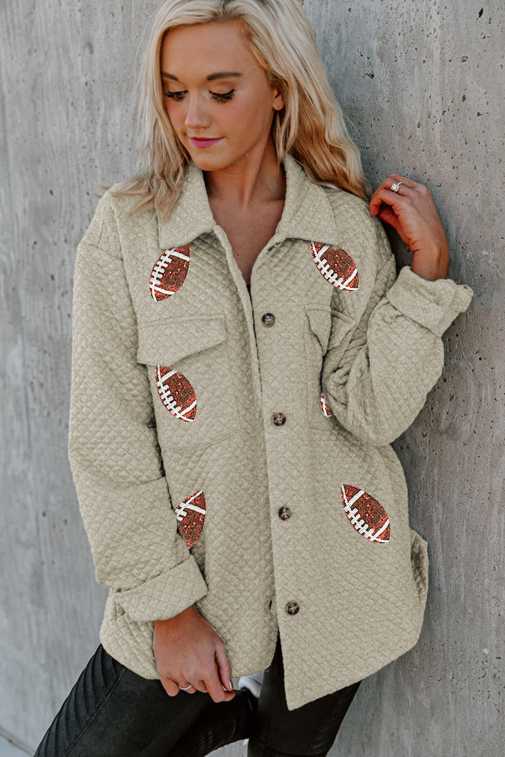 Beige Quilted Baseball Graphic Button Down Shacket