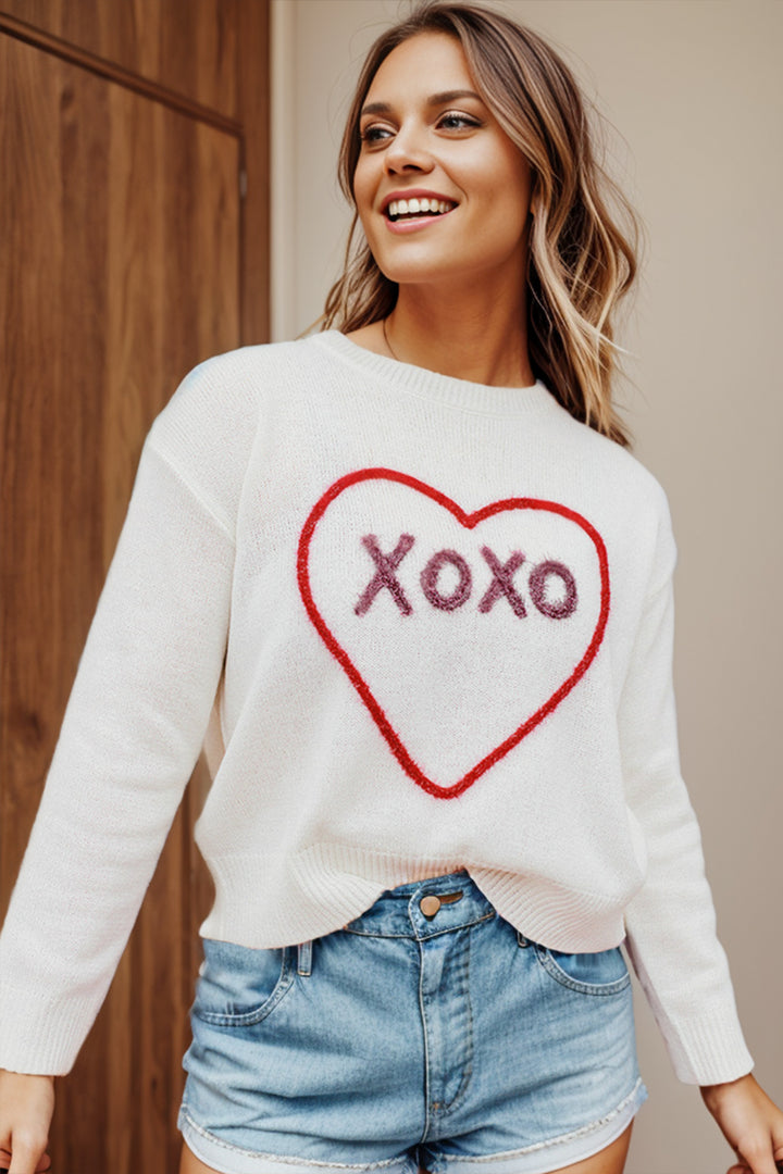 XOXO Heart Round Neck Dropped Shoulder Sweater ships 1-2 weeks