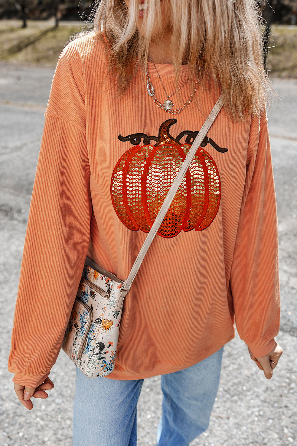 Apricot Crinkle Ribbed Halloween Sequin Pumpkin Graphic Sweatshirt (ships 2 weeks)