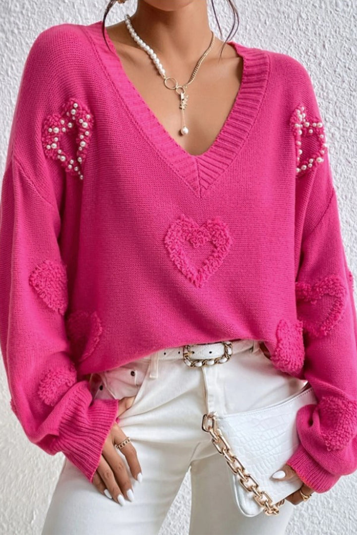 Pearl Trim Heart V-Neck Sweater (ships 1-2 weeks)