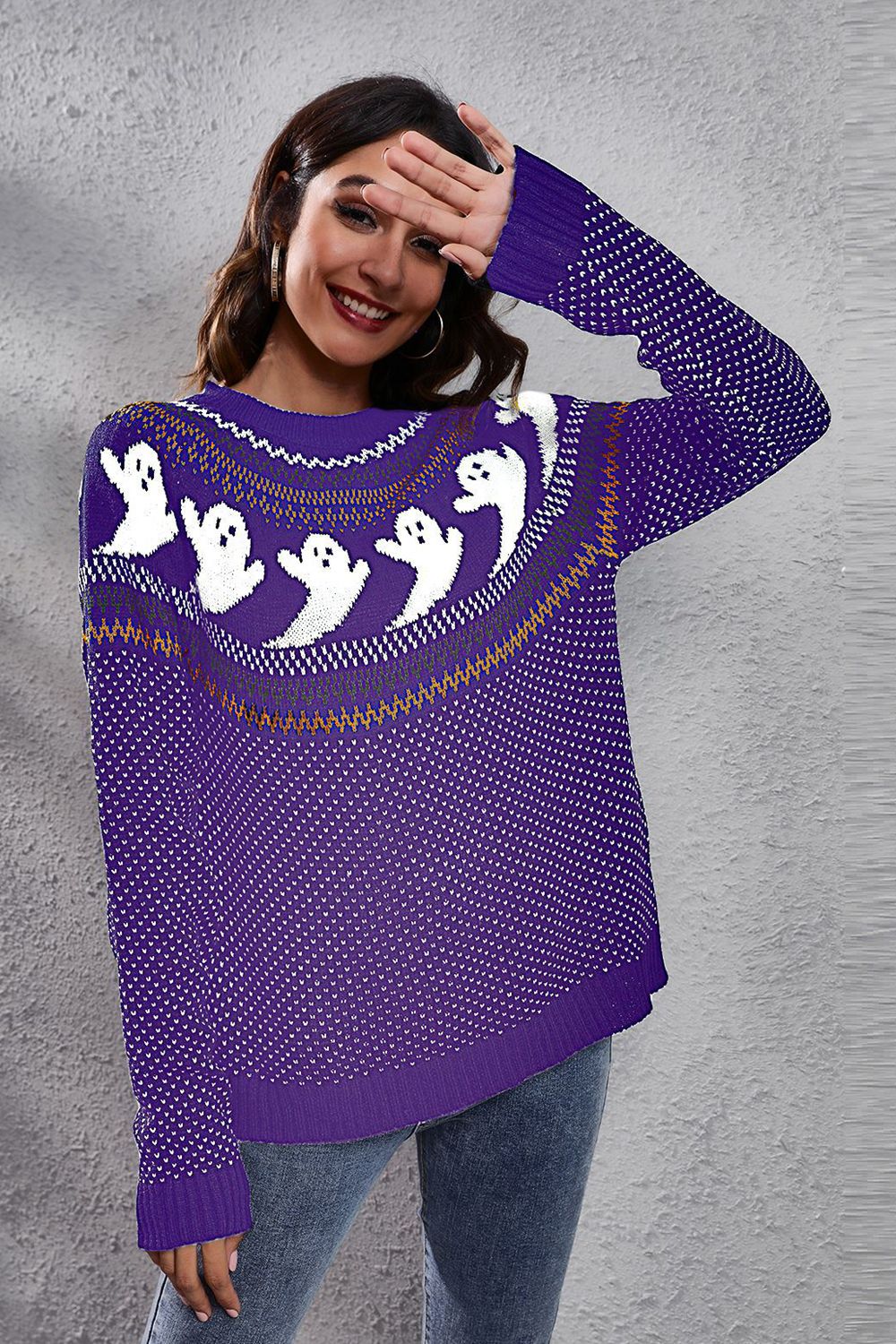 Ghost Pattern Round Neck Long Sleeve Sweater (ships in 2 weeks)