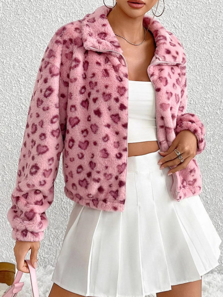 Leopard Zip Up Long Sleeve Furry Jacket (ships 1-2 weeks)