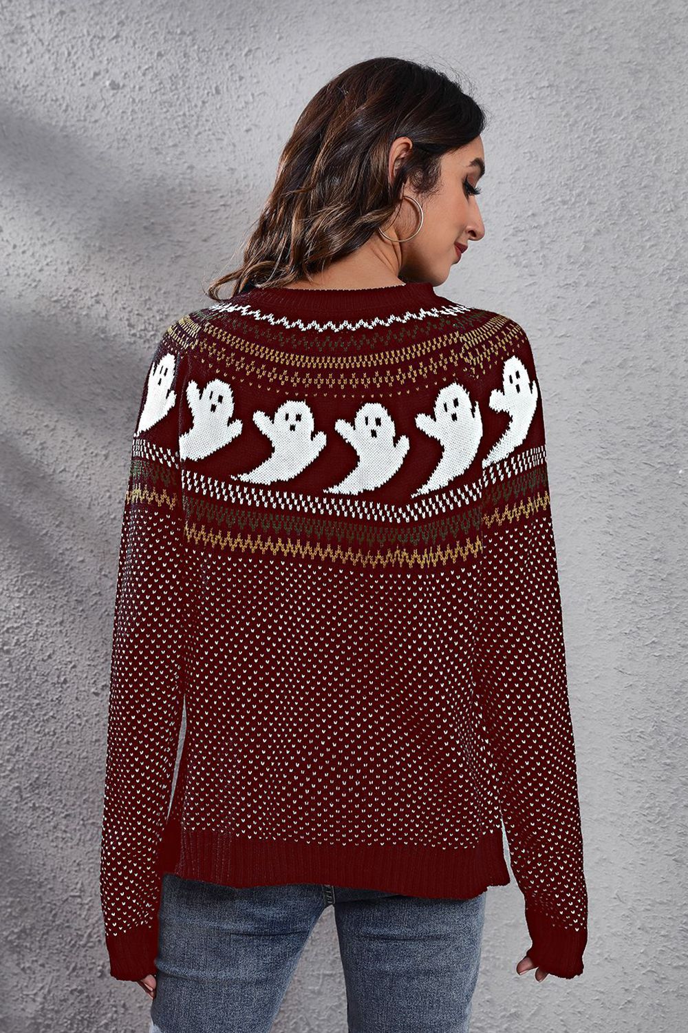 Ghost Pattern Round Neck Long Sleeve Sweater (ships in 2 weeks)