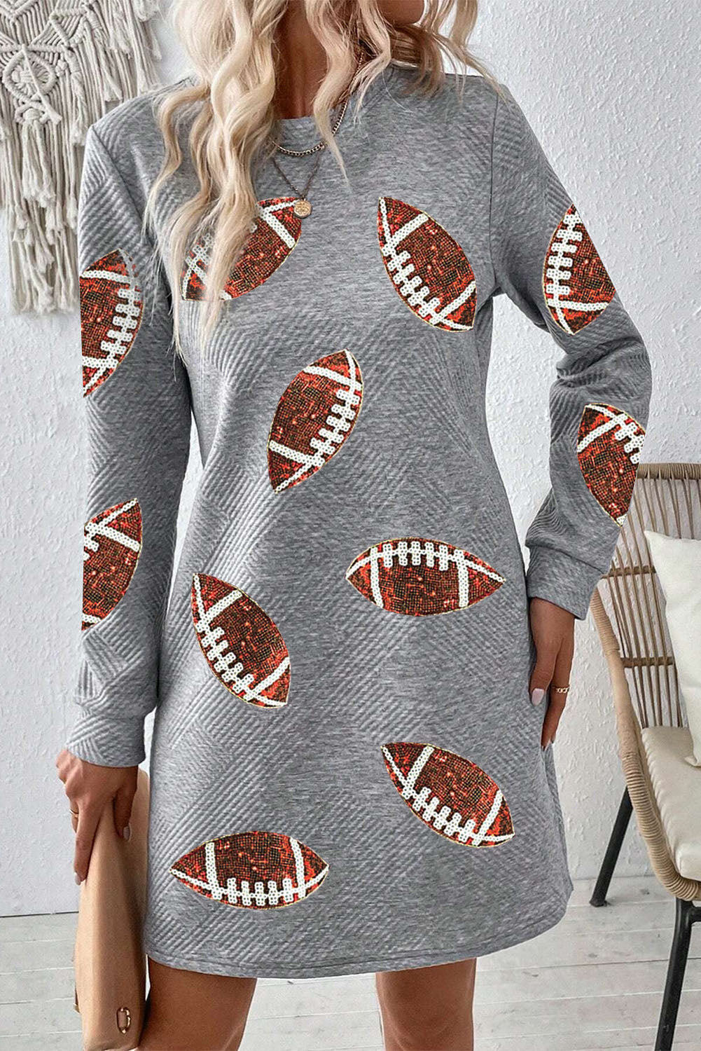 Gray Sequin Rugby Graphic Round Neck Textured Mini Dress (ships 2 weeks)