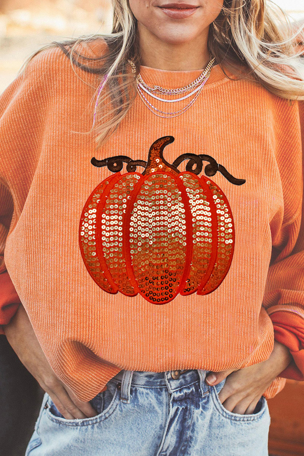 Apricot Crinkle Ribbed Halloween Sequin Pumpkin Graphic Sweatshirt (ships 2 weeks)