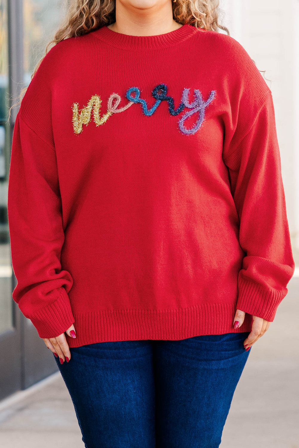 Fiery Red Tinsel merry Pattern Christmas Plus Size Sweater