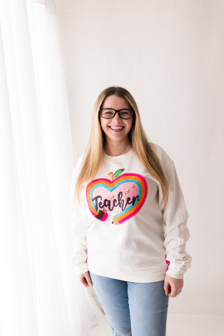 Bright Teacher sequin pullover with side bows ships 1 week