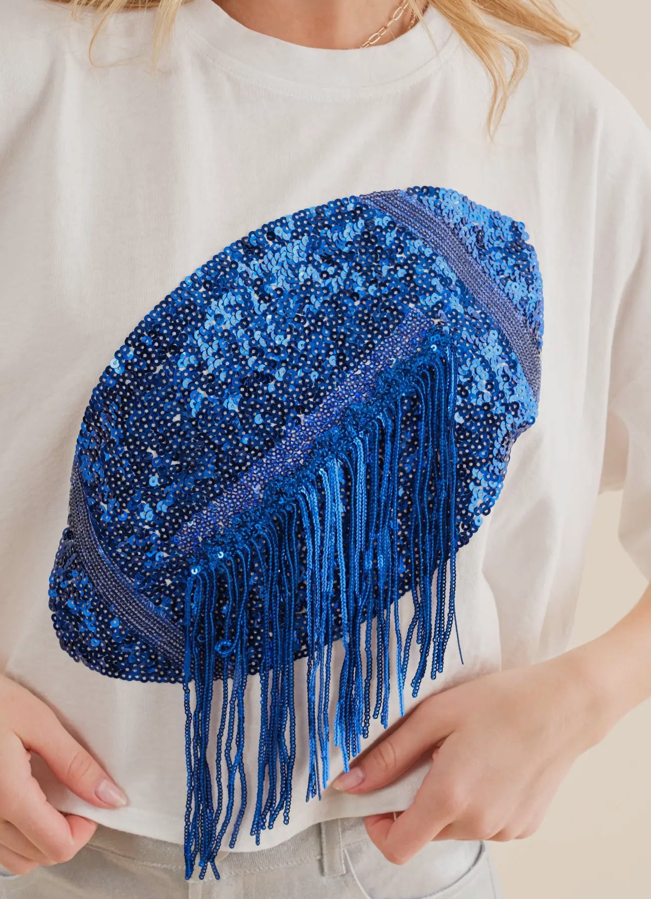 Sequin Football fringe top BLUE AND WHITE