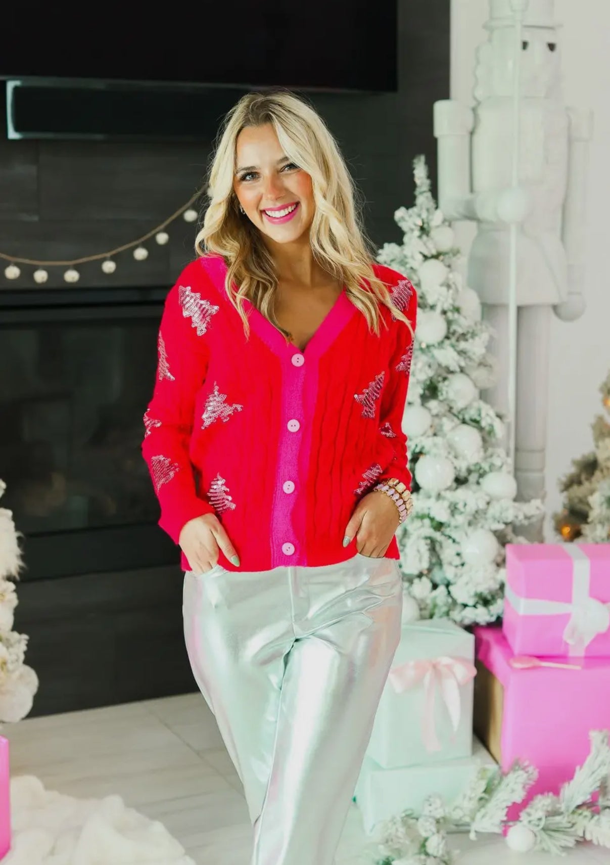 Red & Pink Sequin Christmas Tree Cardigan