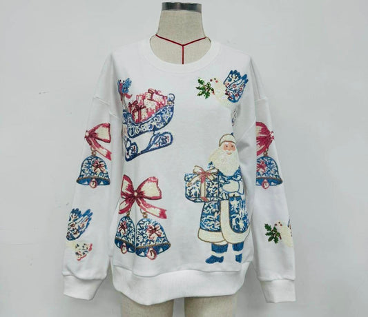 Sequin Santa and floral Grand millennial style pullover PREORDER