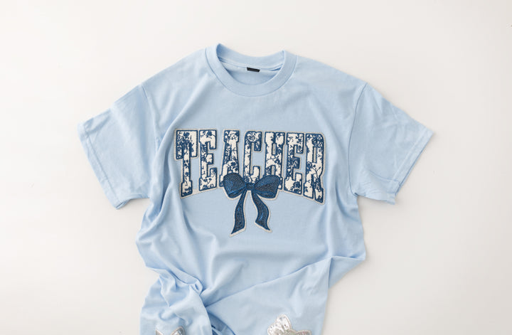 Teacher & Bow Tshirt with sequin side bows (ships 1 week)