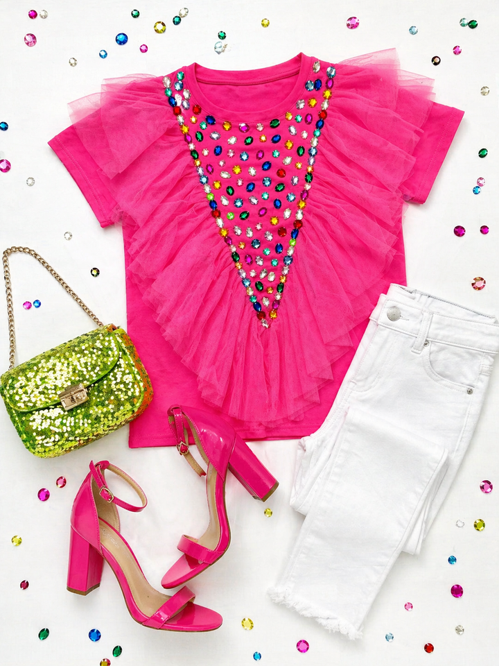 RUFFLE RHINESTONE PINK SHIRT RTS