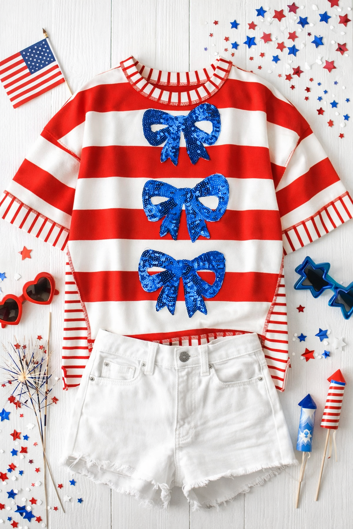 Red & White Striped with Blue Bow Top (PREORDER)