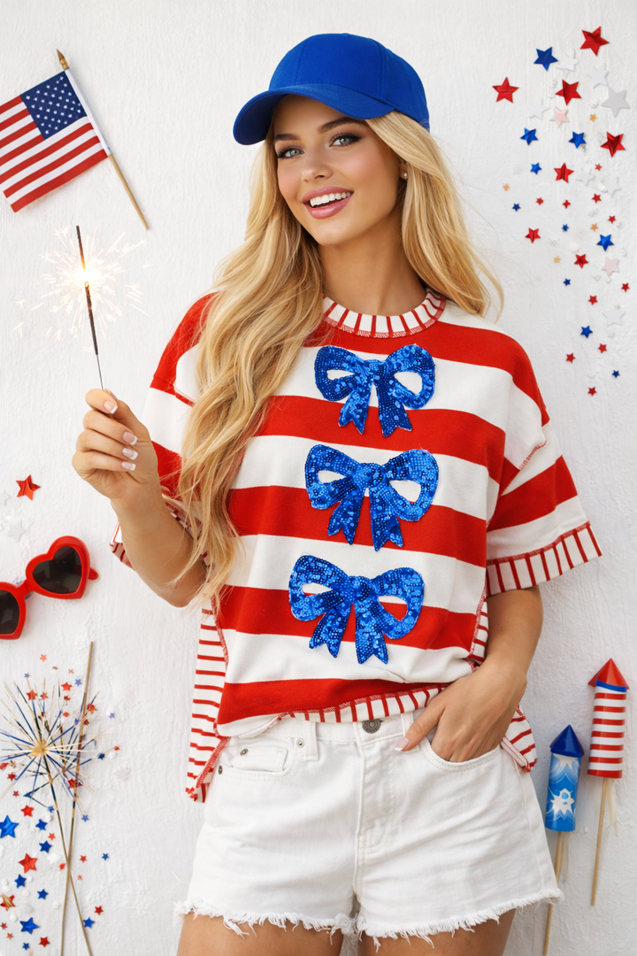 Red & White Striped with Blue Bow Top (PREORDER)