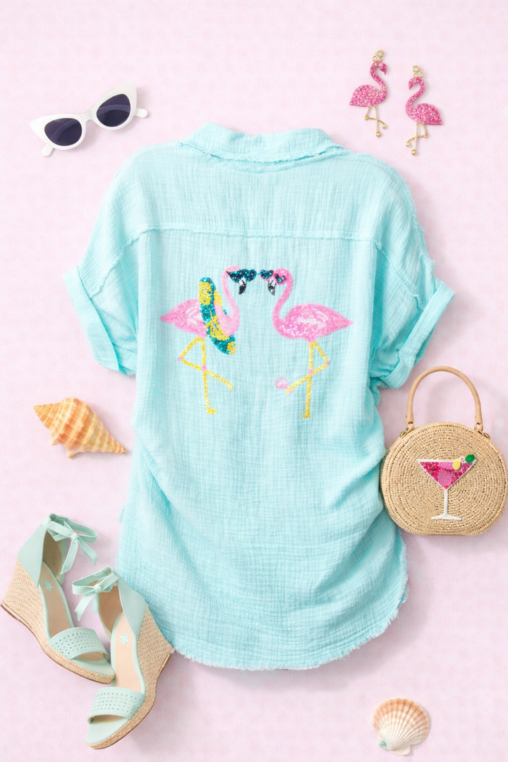 Flamingo Gauze Aqua Coverup