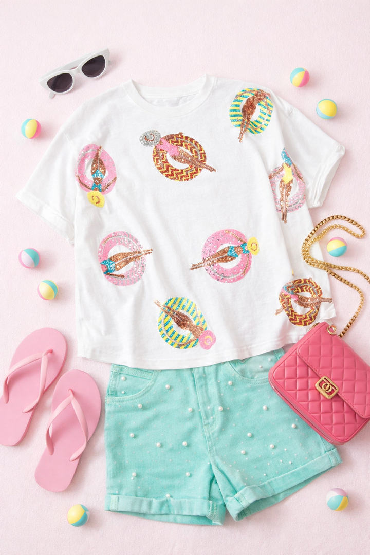 SEQUIN POOL FLOAT TSHIRT WHITE (oversized)