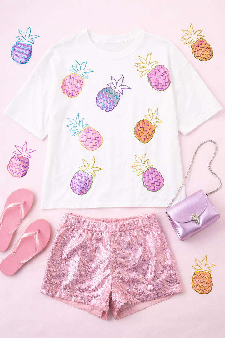 SEQUIN PINEAPPLE TSHIRT WHITE (oversized)