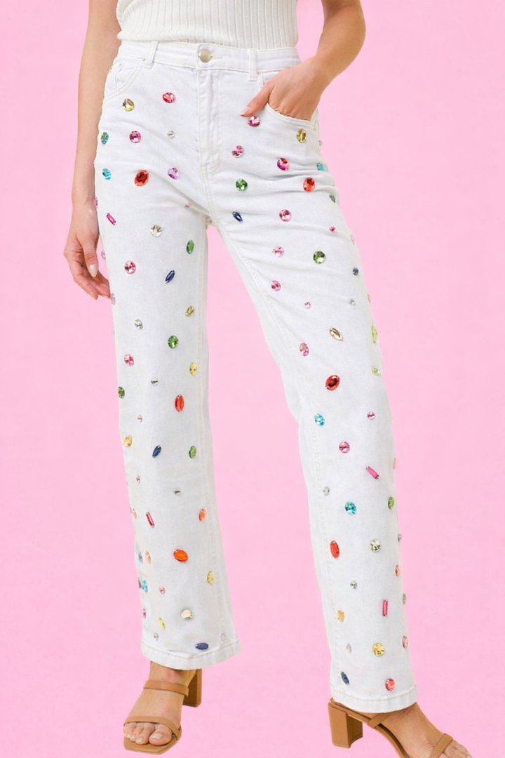 WHITE RAINBOW JEWELED JEANS (PREORDER)
