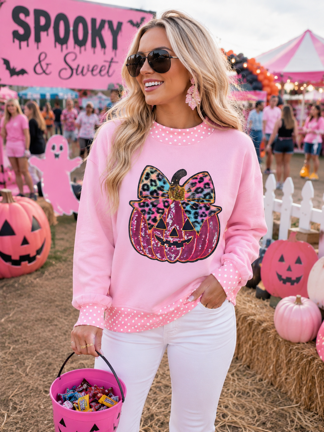 PUMPKIN PINK POLKA DOT PULLOVER (ships 2 weeks)