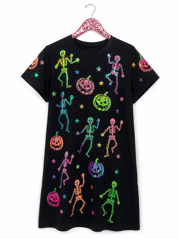 DANCING SKELLY BLACK TSHIRT DRESS (PREORDER)