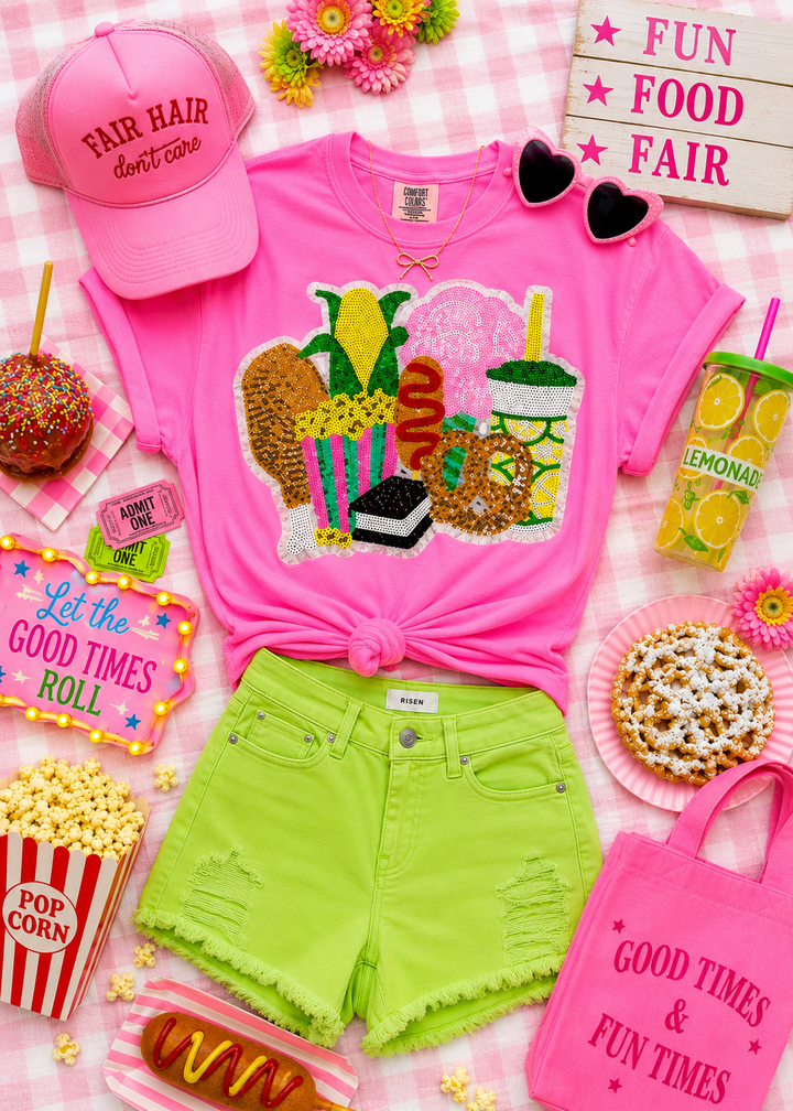 Fair Snacks Sequin Comfort Color Shirt NEON PINK ships (2-3 weeks)