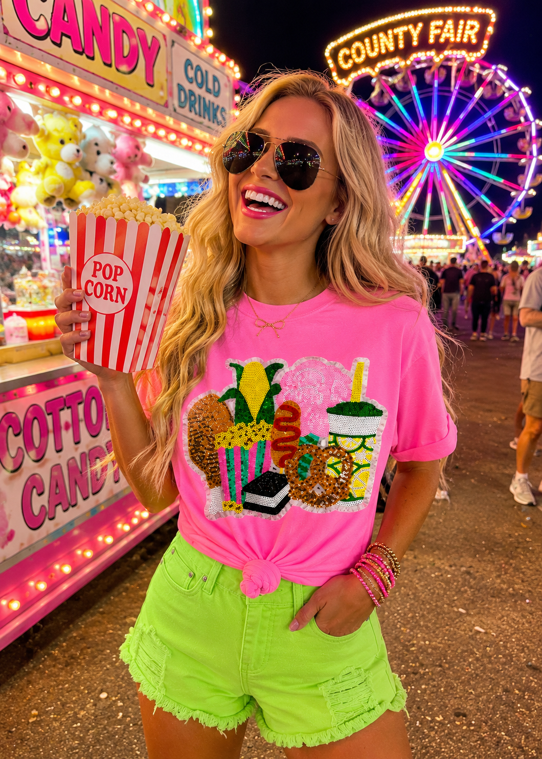 Fair Snacks Sequin Comfort Color Shirt NEON PINK ships (2-3 weeks)