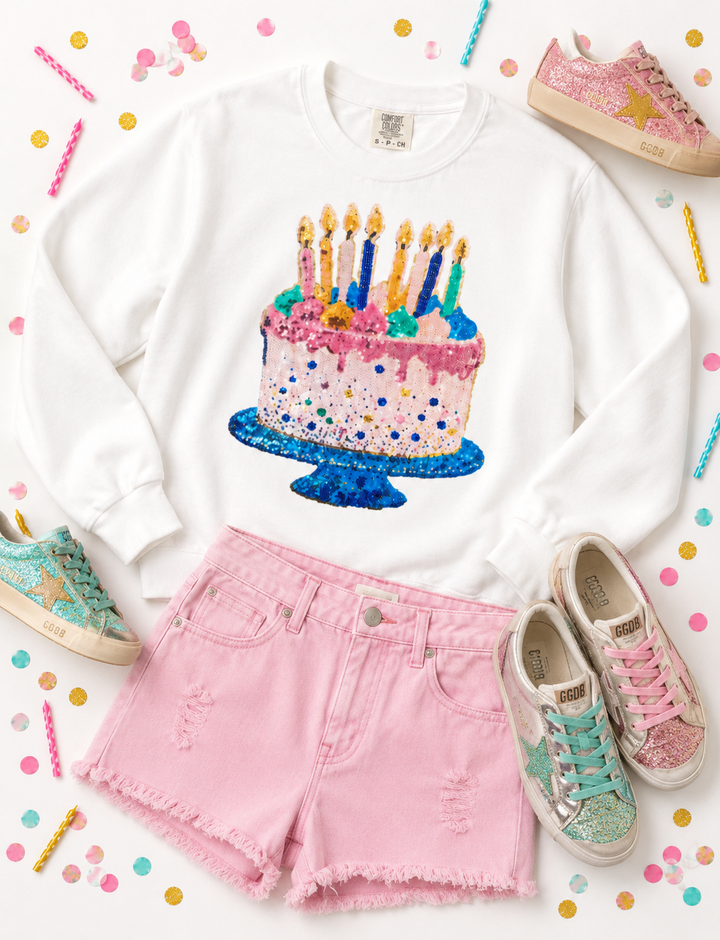 WHITE CAKE & CANDLES BIRTHDAY PULLOVER (ships 1-2 weeks)