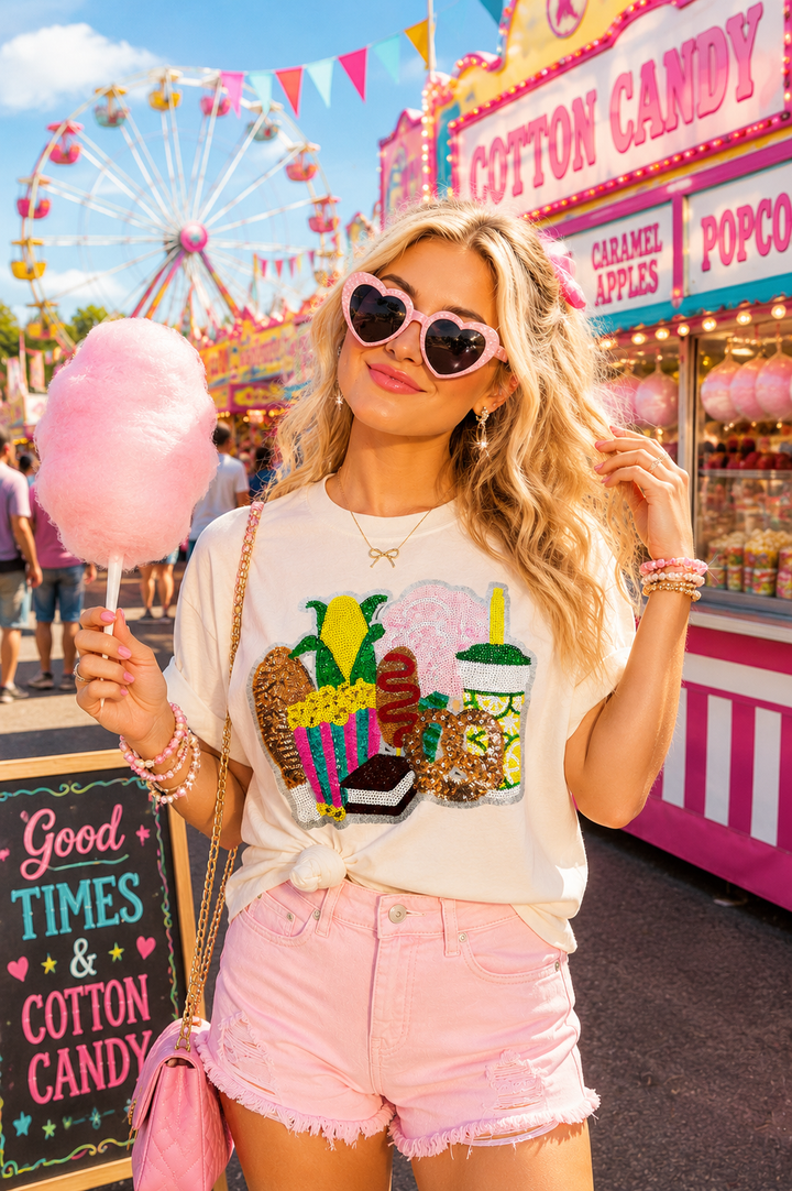 Fair Snacks Sequin Comfort Color Shirt ships (2-3 weeks)