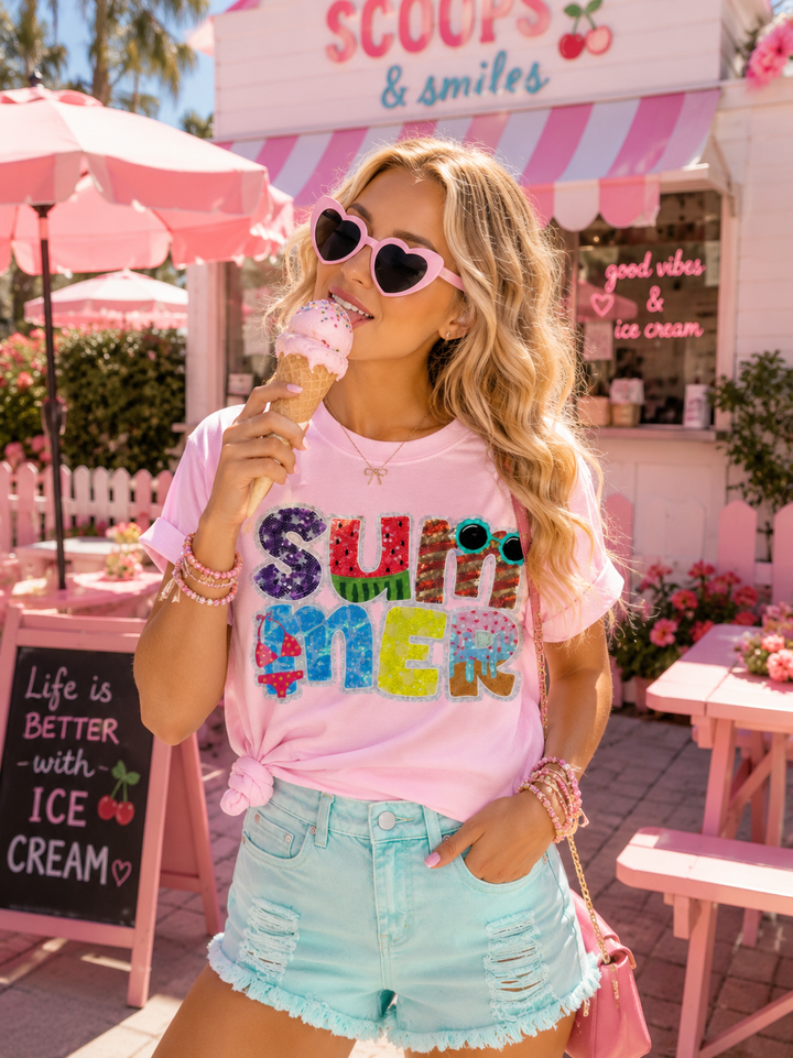 SUMMER TIME COMFORT COLOR SEQUIN SHIRT PINK (ships 2 weeks)