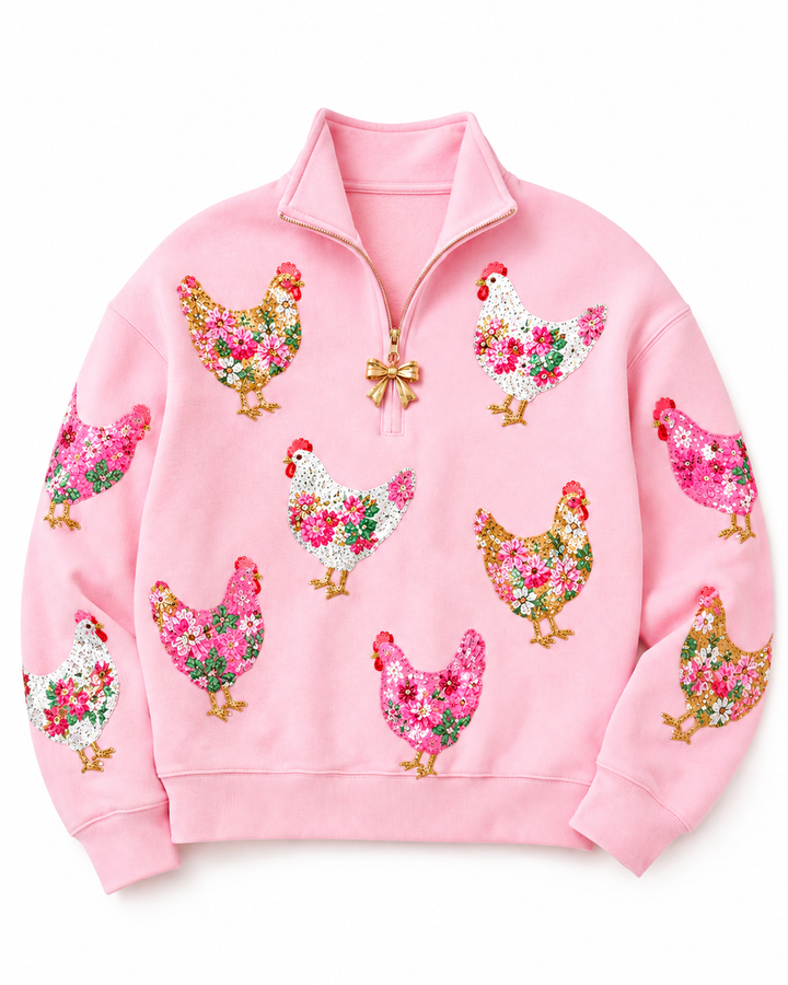 FLORAL PINK CHICKEN HALF ZIP (PREORDER)