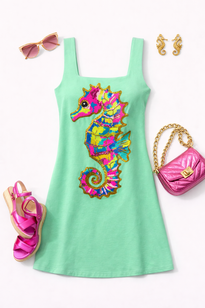 SEQUINED SEAHORSE MINT DRESS (PREORDER)