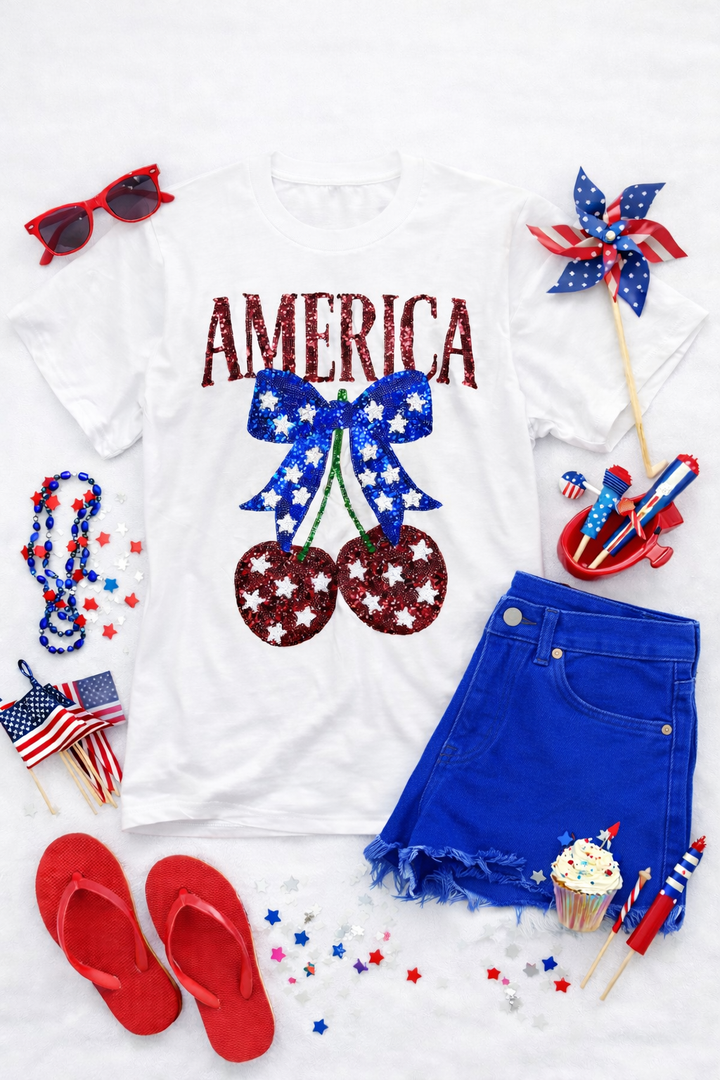 AMERICANA CHERRIES SEQUINED TSHIRT  (PREORDER)