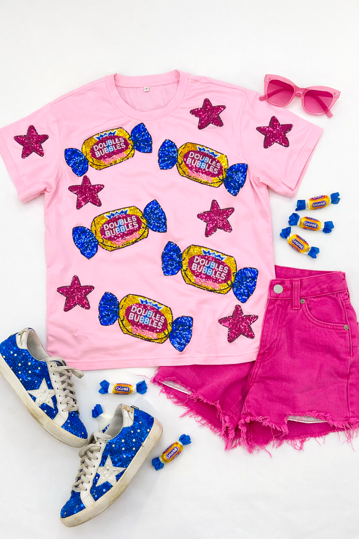 DOUBLE BUBBLE SEQUINED TSHIRT PINK (PREORDER)