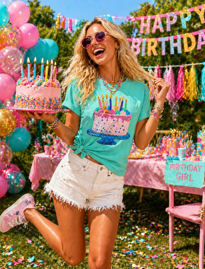 AQUA CAKE & CANDLES BIRTHDAY COMFORT COLOR SHIRT RTS