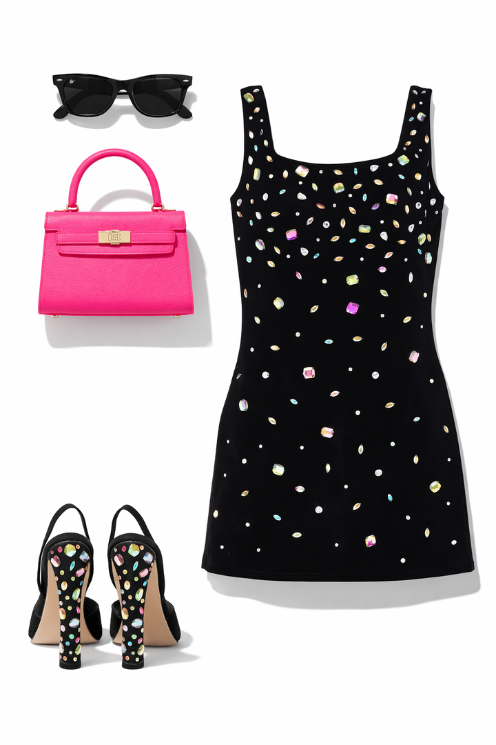 BLACK GEMSTONE DRESS  READY TO SHIP