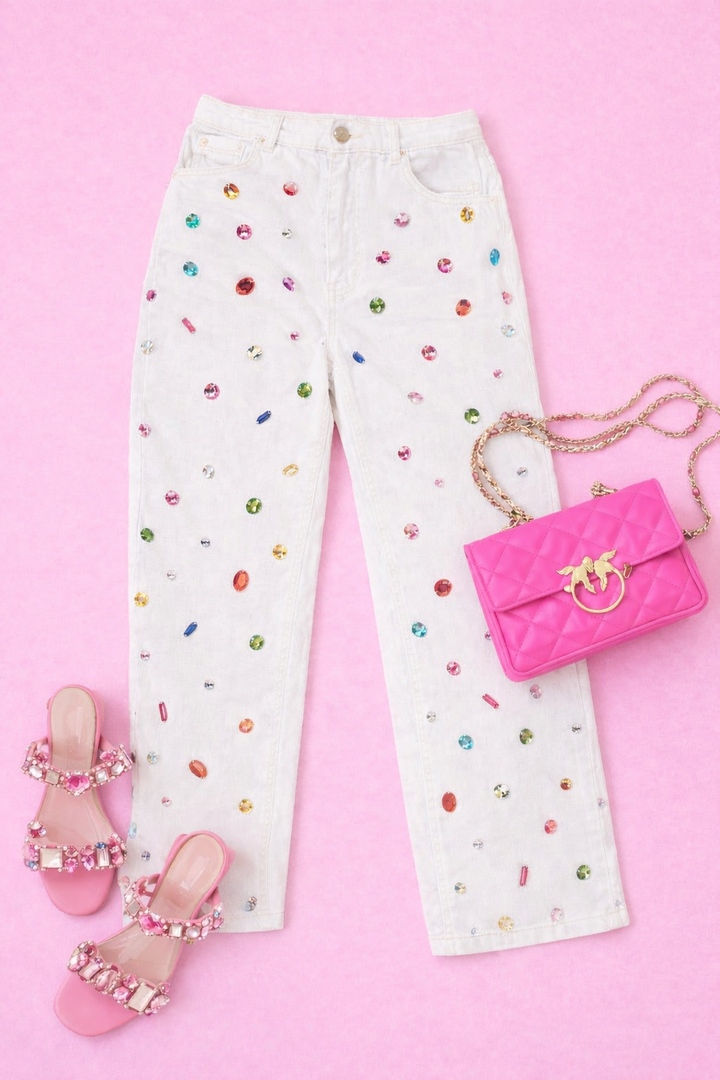 WHITE RAINBOW JEWELED JEANS (PREORDER)