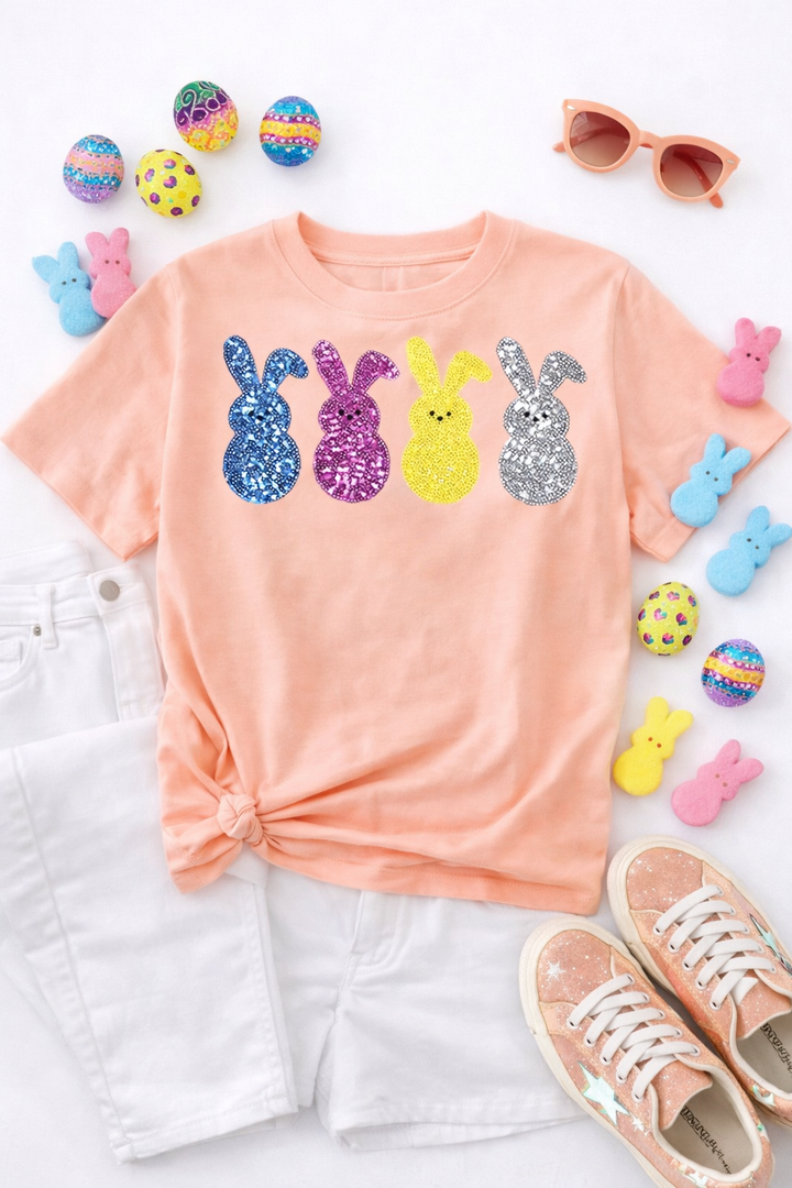 Sequin Bunny Round Neck Short Sleeve T-Shirt