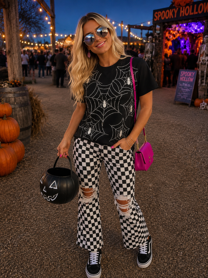 RHINESTONE BLACK SPIDER WEB TSHIRT (PREORDER)