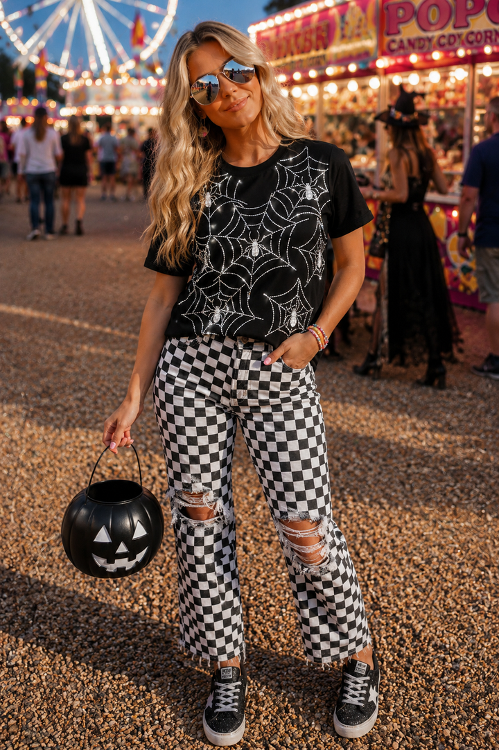 RHINESTONE BLACK SPIDER WEB TSHIRT (PREORDER)