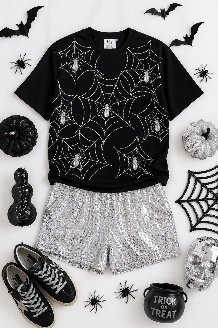 RHINESTONE BLACK SPIDER WEB TSHIRT (PREORDER)