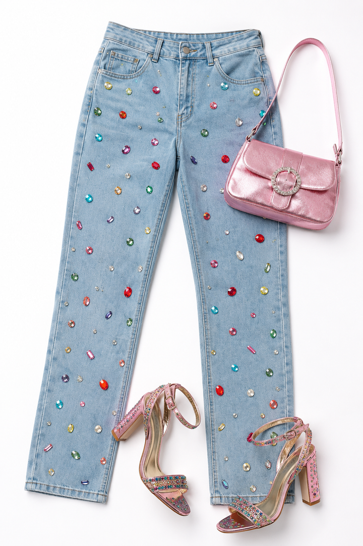 RAINBOW Jeweled Jeans RTS (light wash)