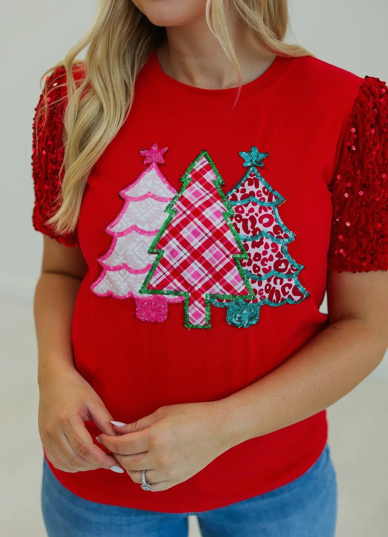 Red 3 Christmas tree sequin top (ships 2-3 weeks)