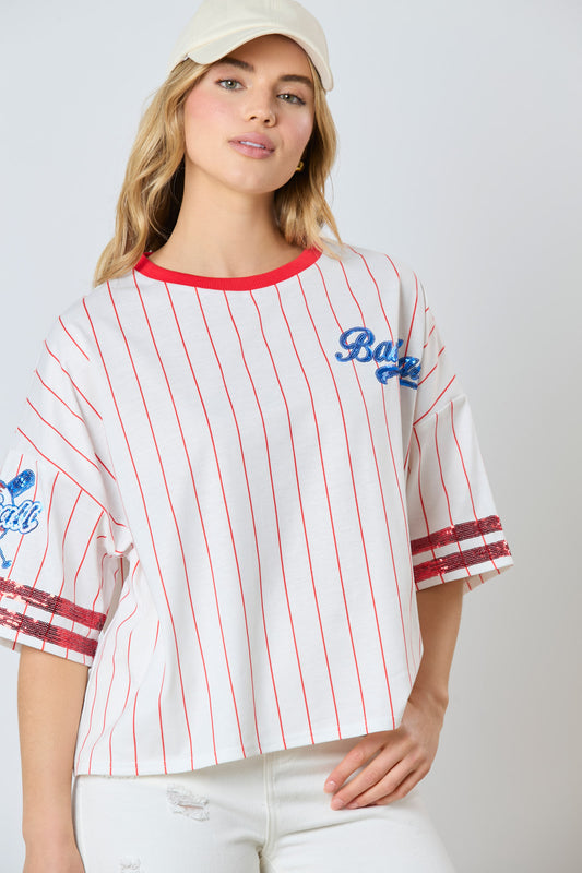 RED Striped baseball sequin top