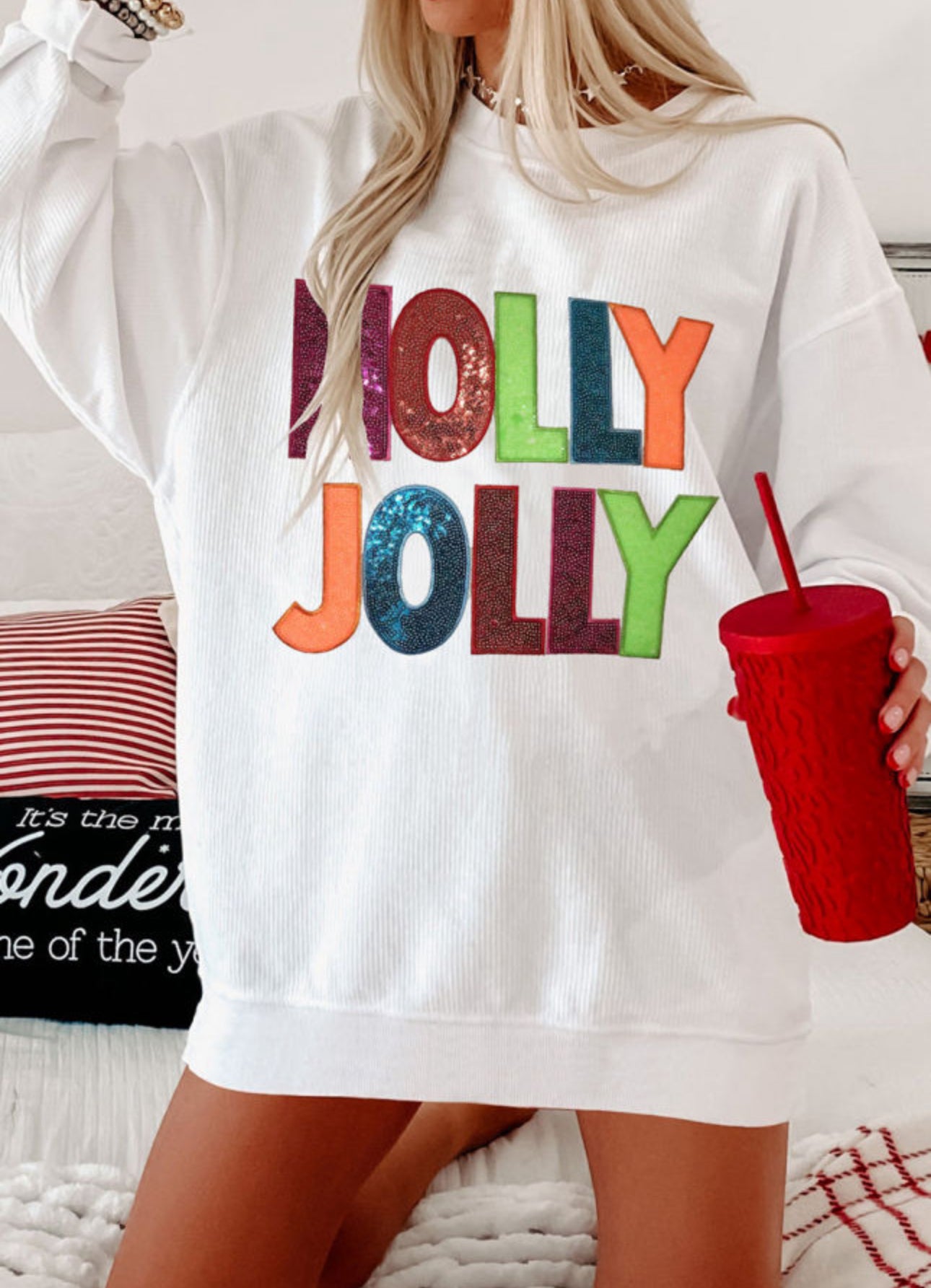 Sequin multicolor Holly Jolly on white  ( ships 2-3 weeks)