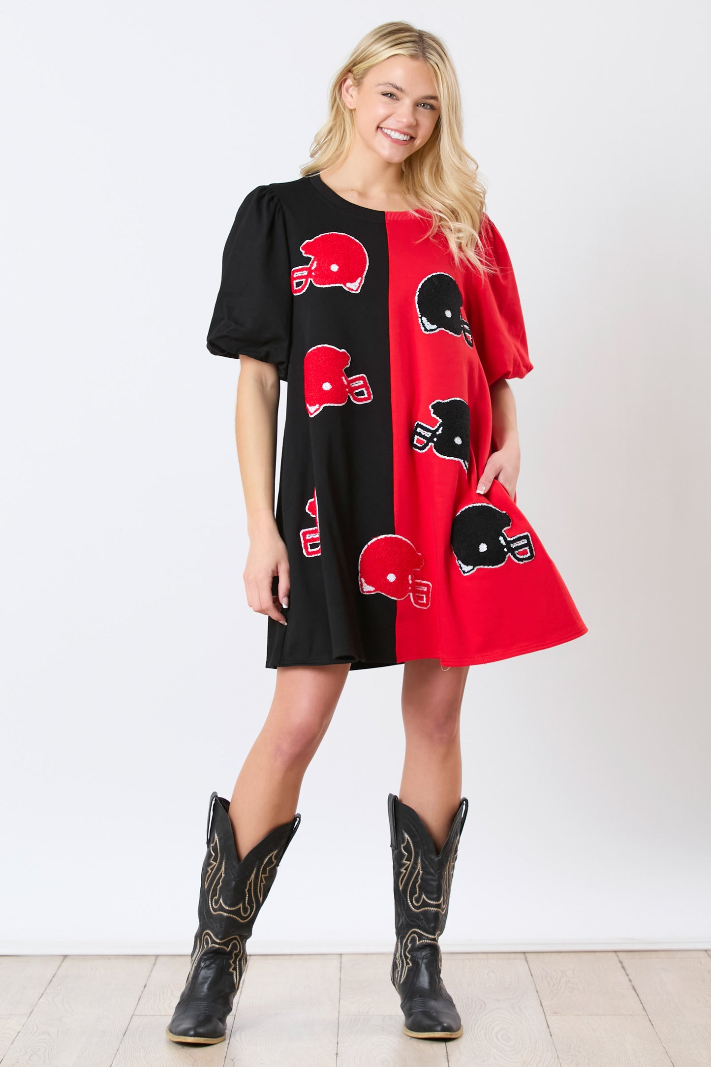 Colorblock football helmet dress (RED AND BLACK)