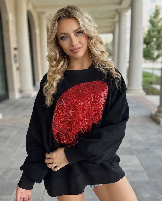 Sequin fringe Football Pullover RED