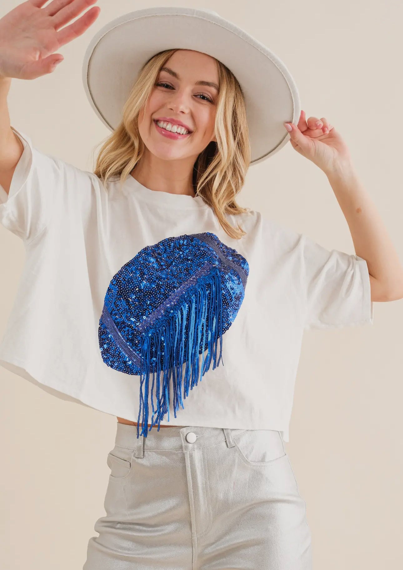 Sequin Football fringe top BLUE AND WHITE