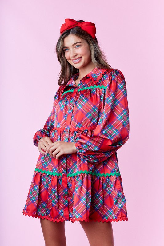 Christmas plaid dress with scalloped trim ships 2-3 days