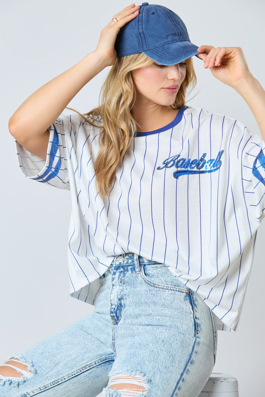 Striped baseball sequin top