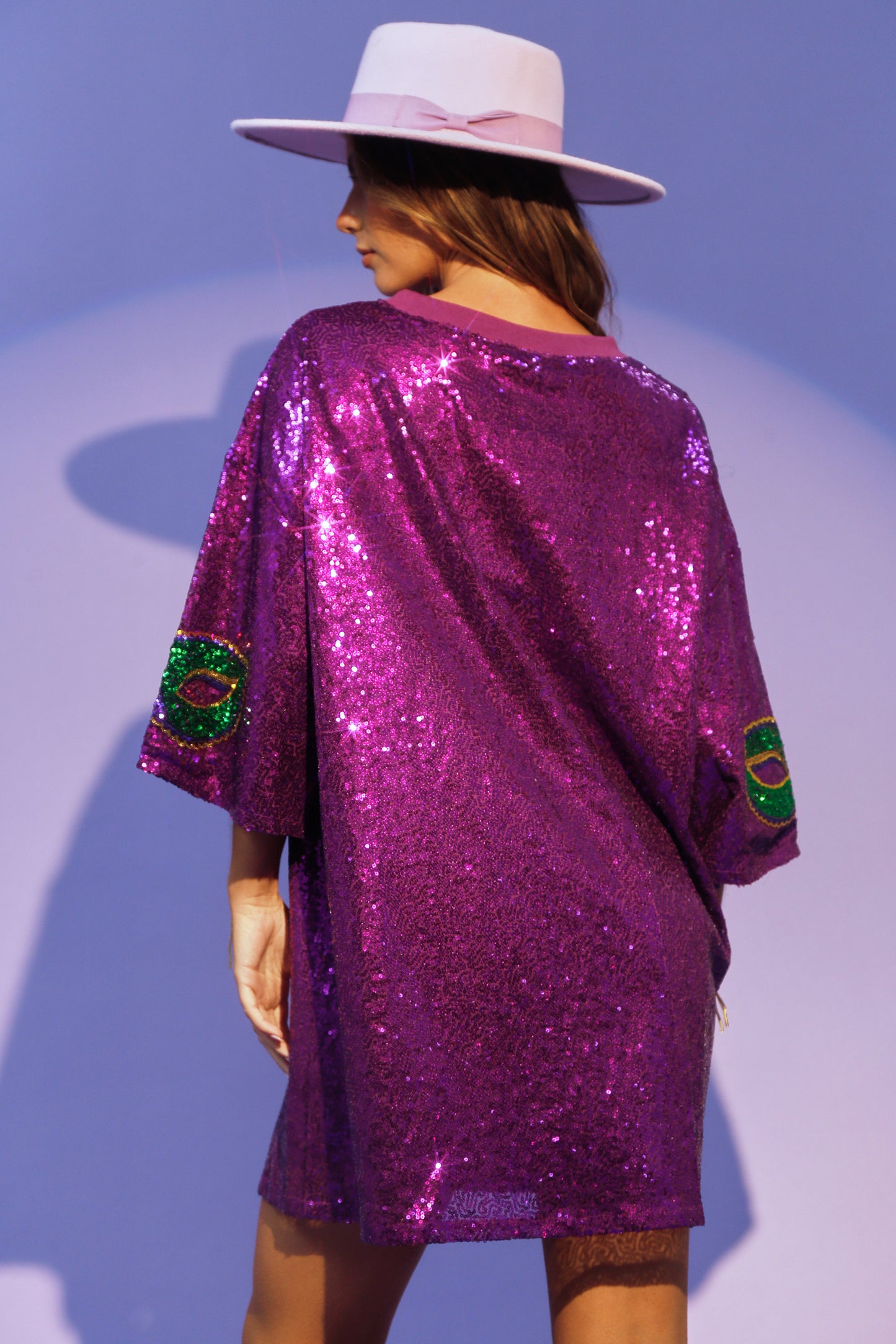 Purple Mardi Gras Mask Sleeve Sequin T-Shirt Dress